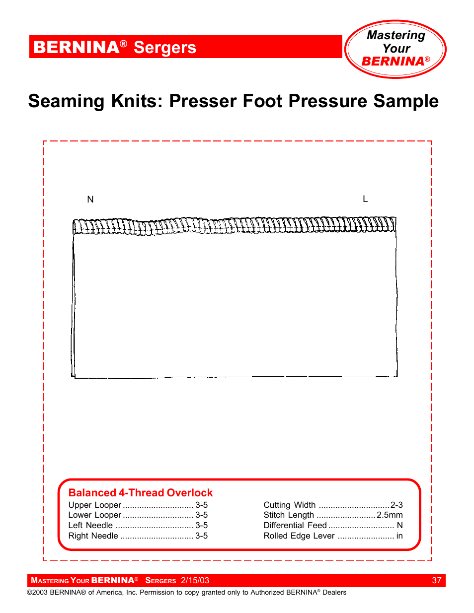 Seaming knits: presser foot pressure sample, Bernina, Sergers | Mastering your bernina | Bernina Sergers User Manual | Page 37 / 134