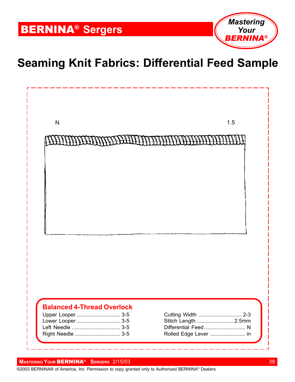 Seaming knit fabrics: differential feed sample, Bernina, Sergers | Mastering your bernina | Bernina Sergers User Manual | Page 39 / 134