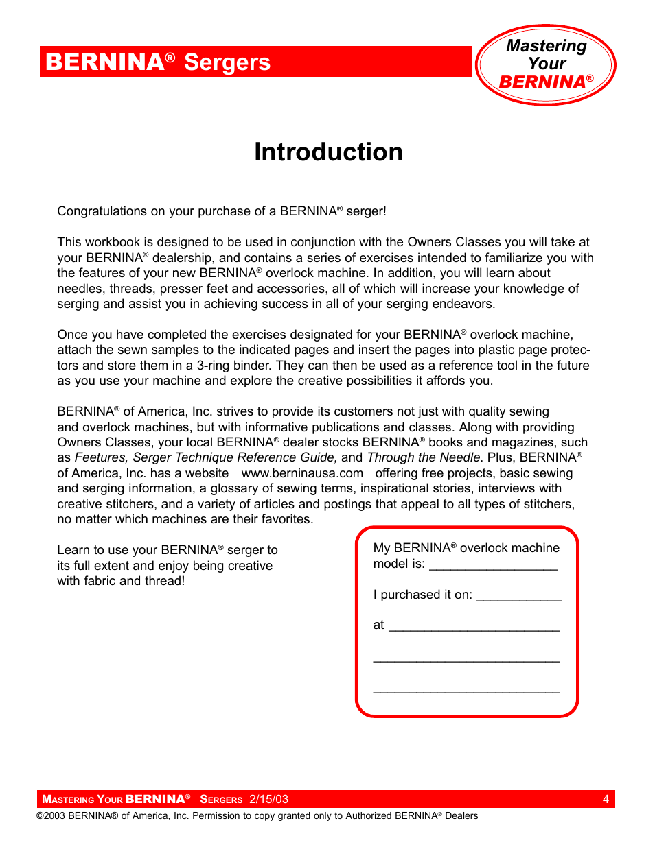 Introduction, Bernina, Sergers | Mastering your bernina | Bernina Sergers User Manual | Page 4 / 134