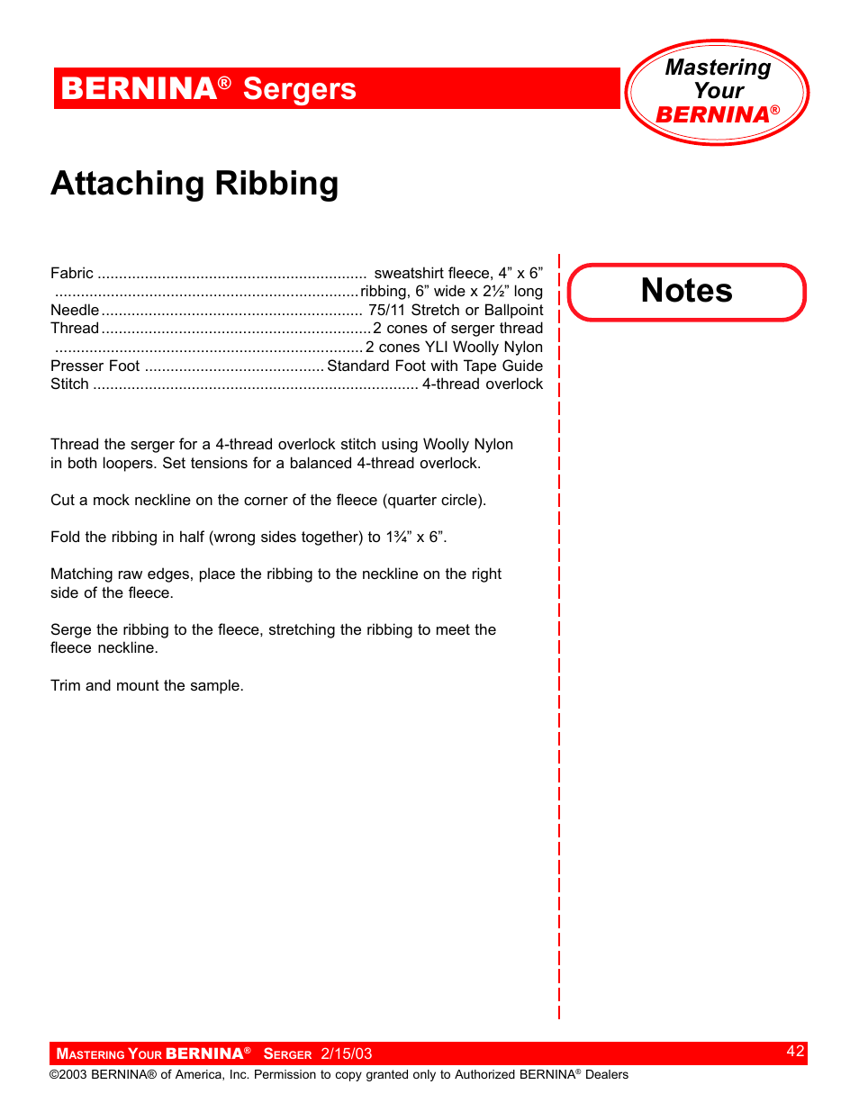 Attaching ribbing, Bernina, Sergers | Mastering your bernina | Bernina Sergers User Manual | Page 42 / 134