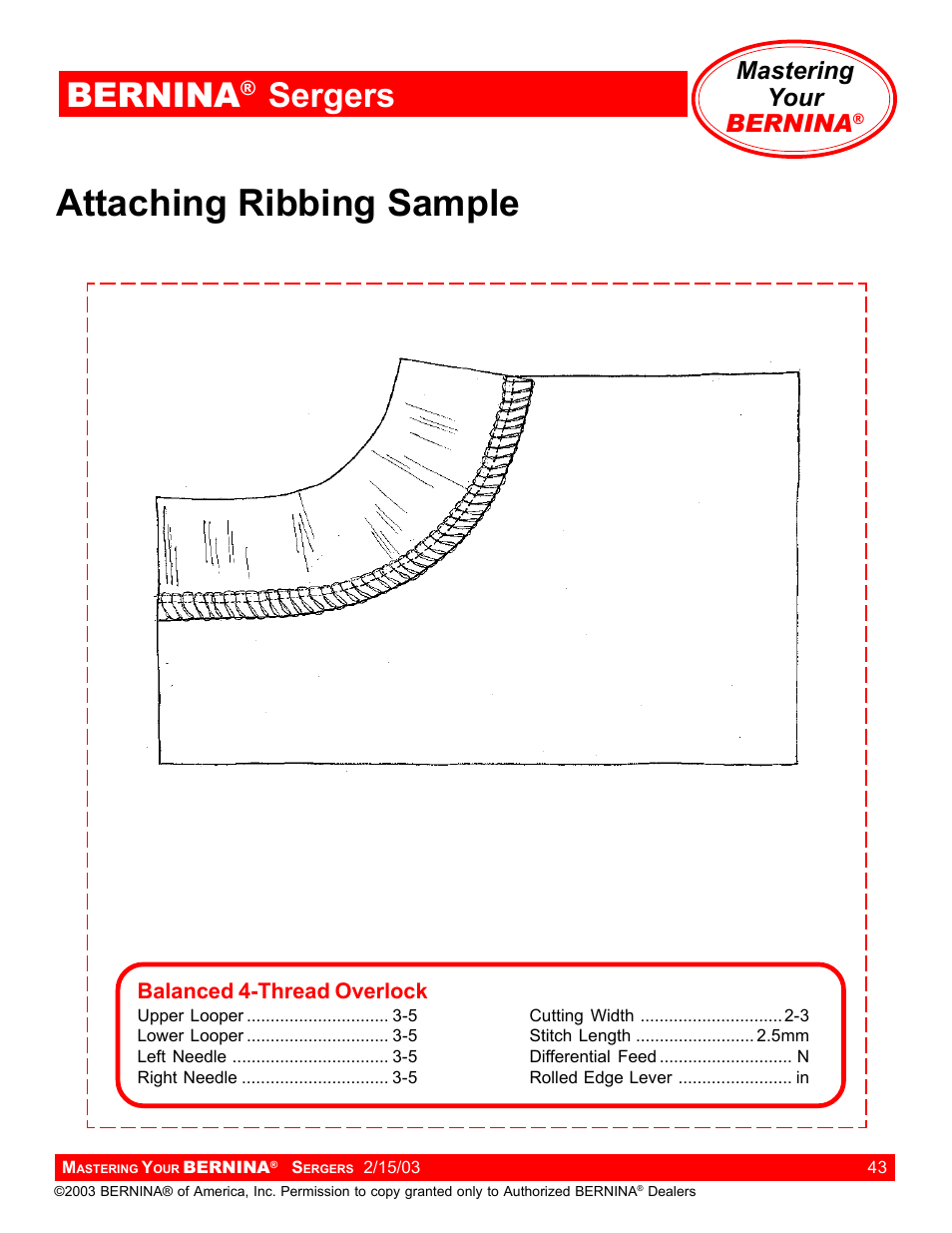 Attaching ribbing sample, Bernina, Sergers | Mastering your bernina | Bernina Sergers User Manual | Page 43 / 134