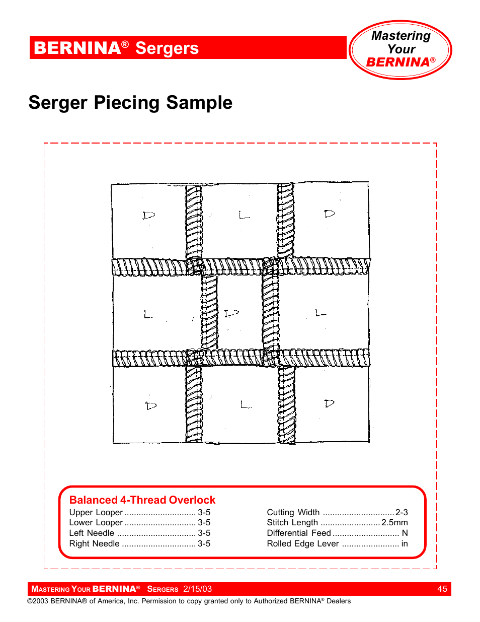 Serger piecing sample, Bernina, Sergers | Mastering your bernina | Bernina Sergers User Manual | Page 45 / 134
