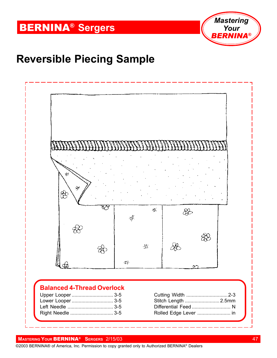 Reversible piecing sample, Bernina, Sergers | Mastering your bernina | Bernina Sergers User Manual | Page 47 / 134