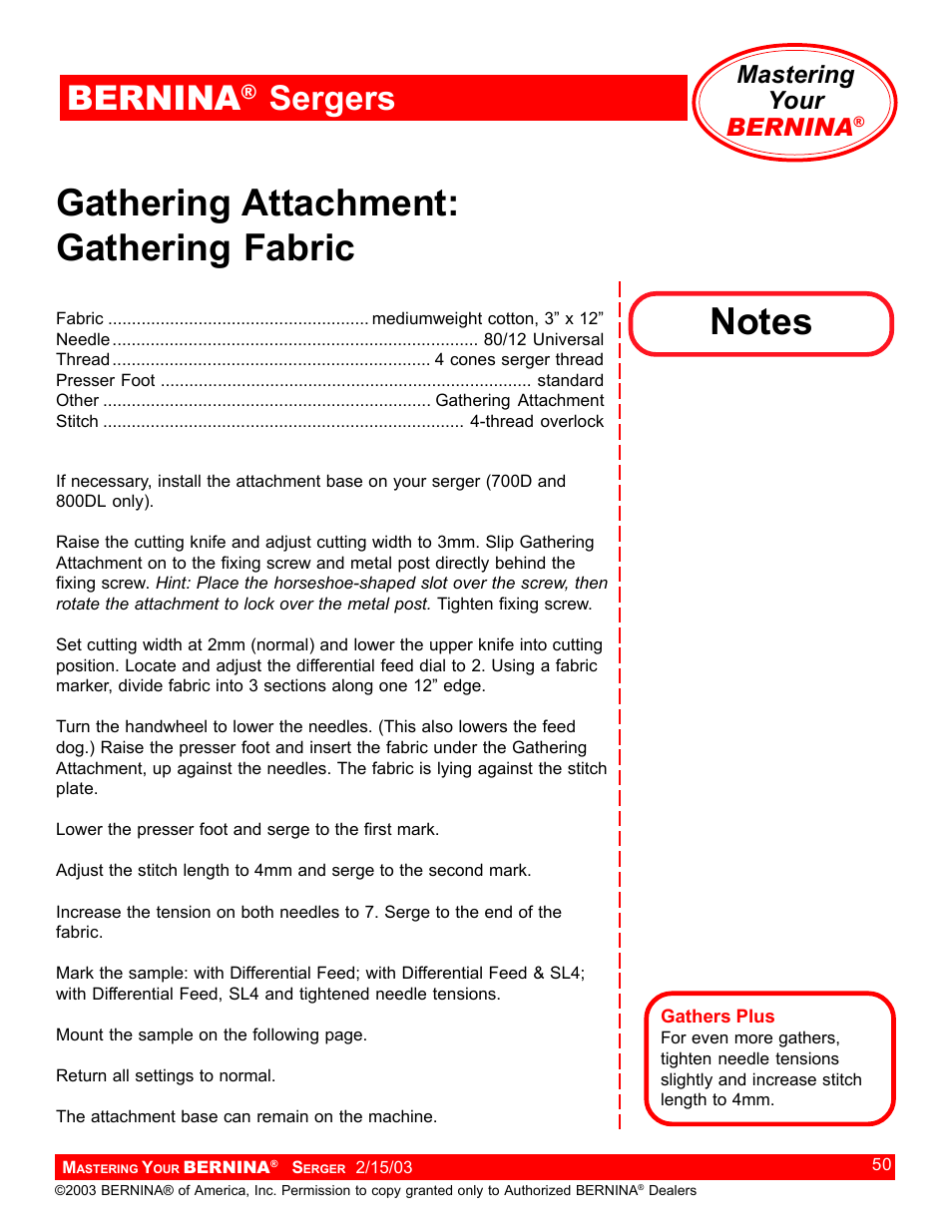 Gathering attachment: gathering fabric, Bernina, Sergers | Mastering your bernina | Bernina Sergers User Manual | Page 50 / 134