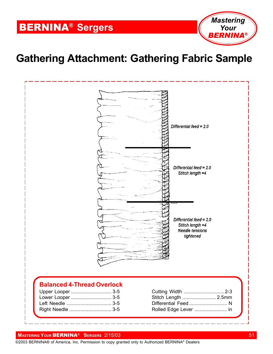 Gathering attachment: gathering fabric sample, Bernina, Sergers | Mastering your bernina | Bernina Sergers User Manual | Page 51 / 134