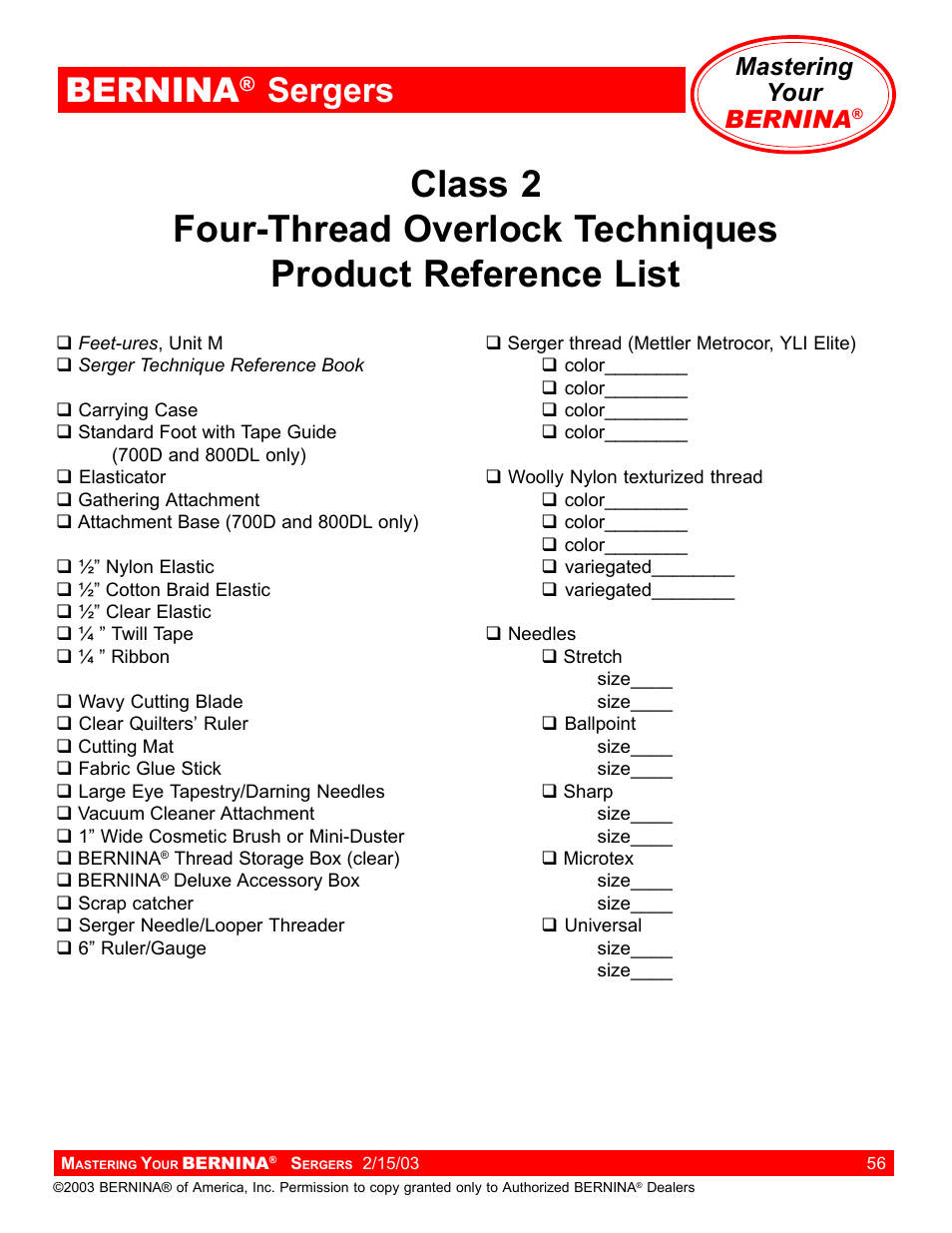 Bernina, Sergers, Mastering your bernina | Bernina Sergers User Manual | Page 56 / 134