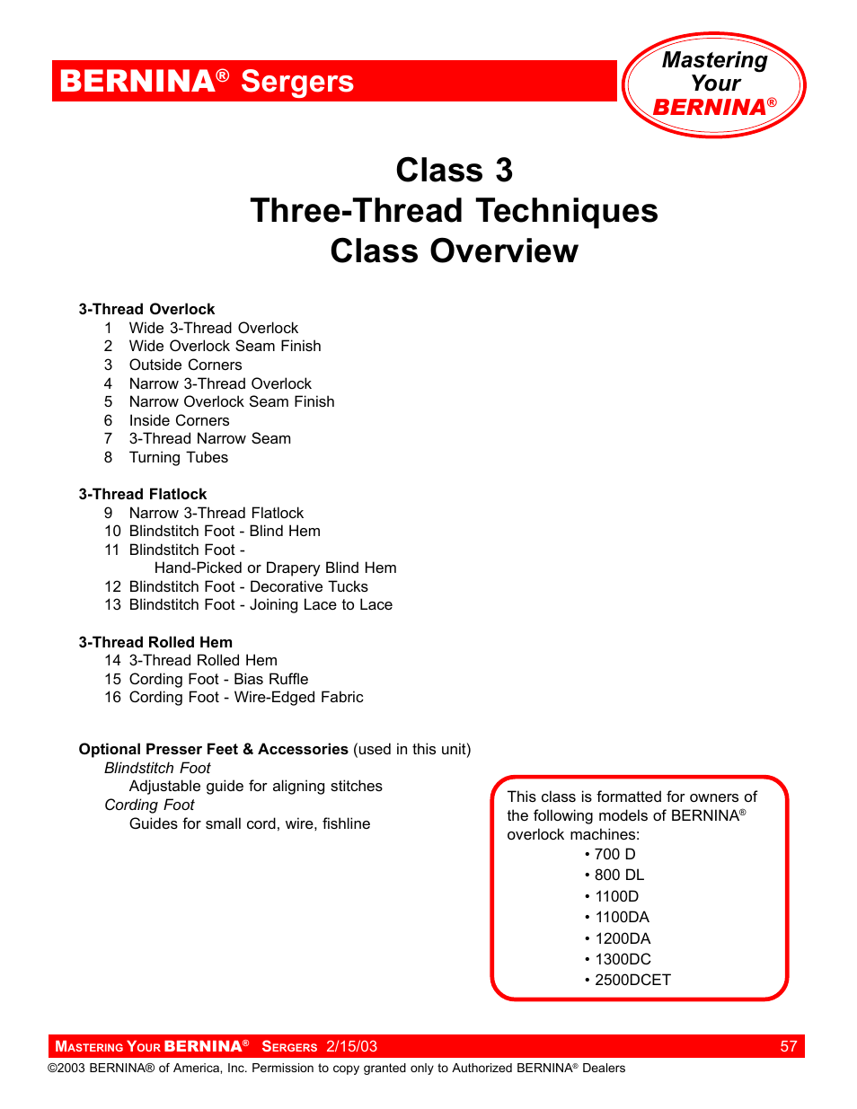 Class 3 three-thread techniques class overview, Bernina, Sergers | Mastering your bernina | Bernina Sergers User Manual | Page 57 / 134