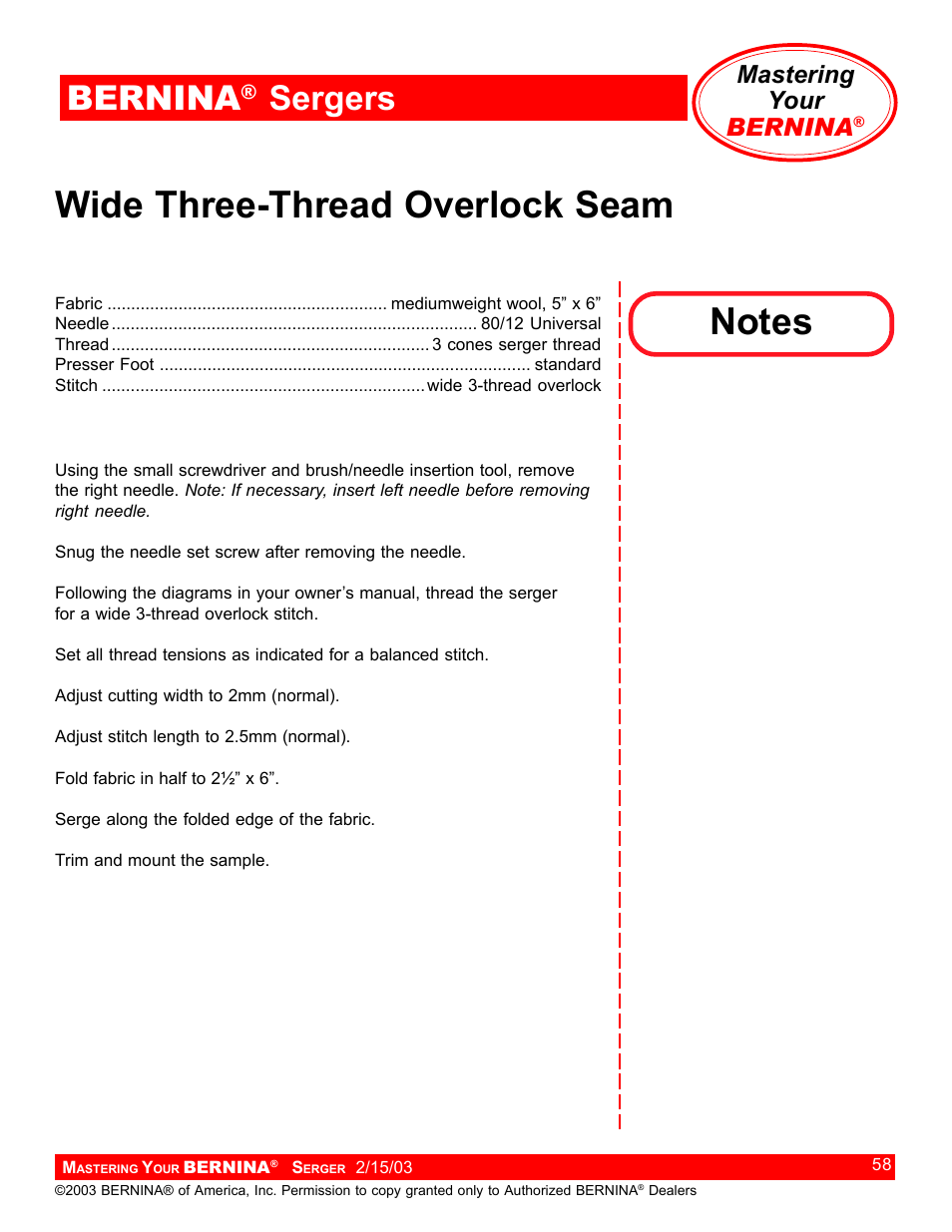 Wide three-thread overlock seam, Bernina, Sergers | Mastering your bernina | Bernina Sergers User Manual | Page 58 / 134