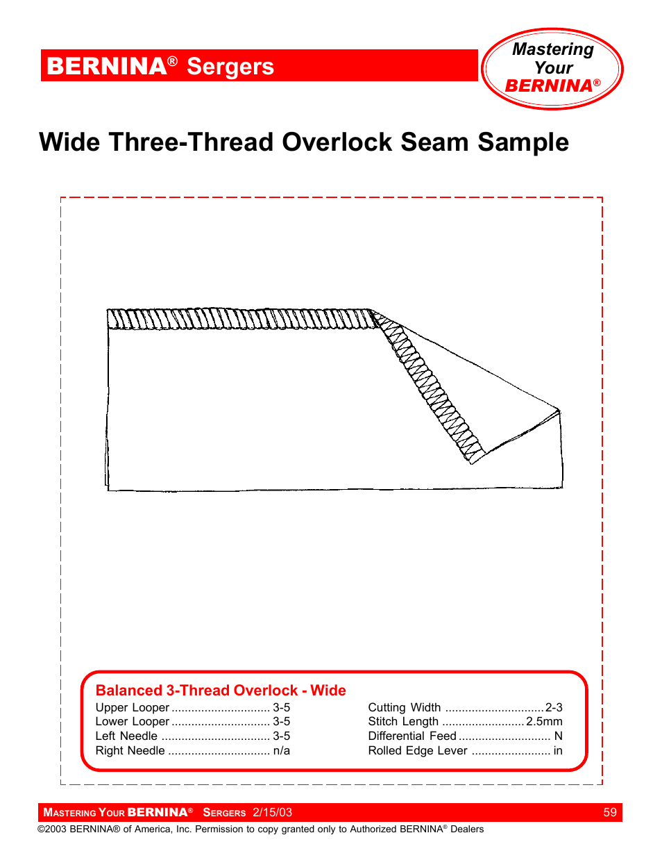 Wide three-thread overlock seam sample, Bernina, Sergers | Mastering your bernina | Bernina Sergers User Manual | Page 59 / 134