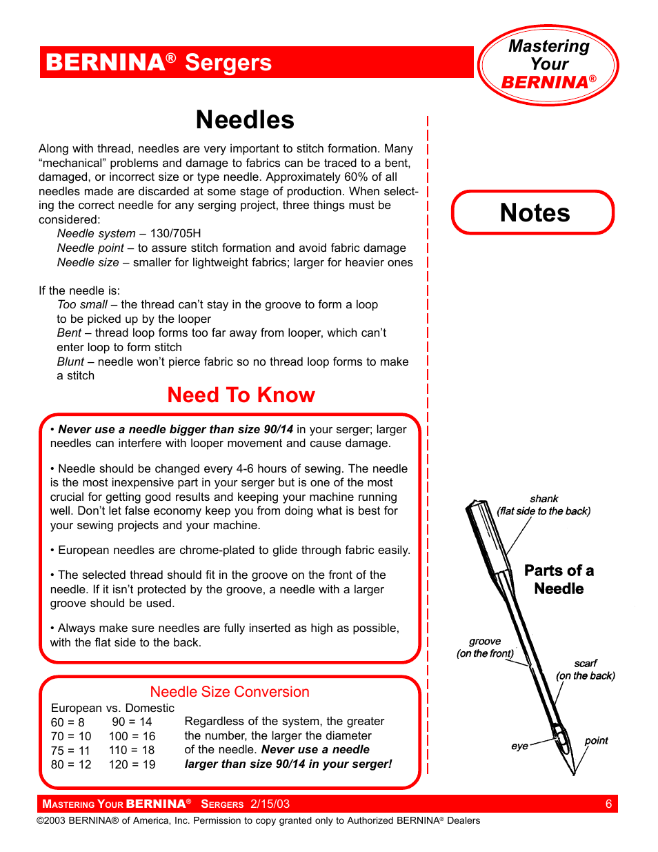 Needles, Bernina, Sergers | Need to know, Mastering your bernina | Bernina Sergers User Manual | Page 6 / 134