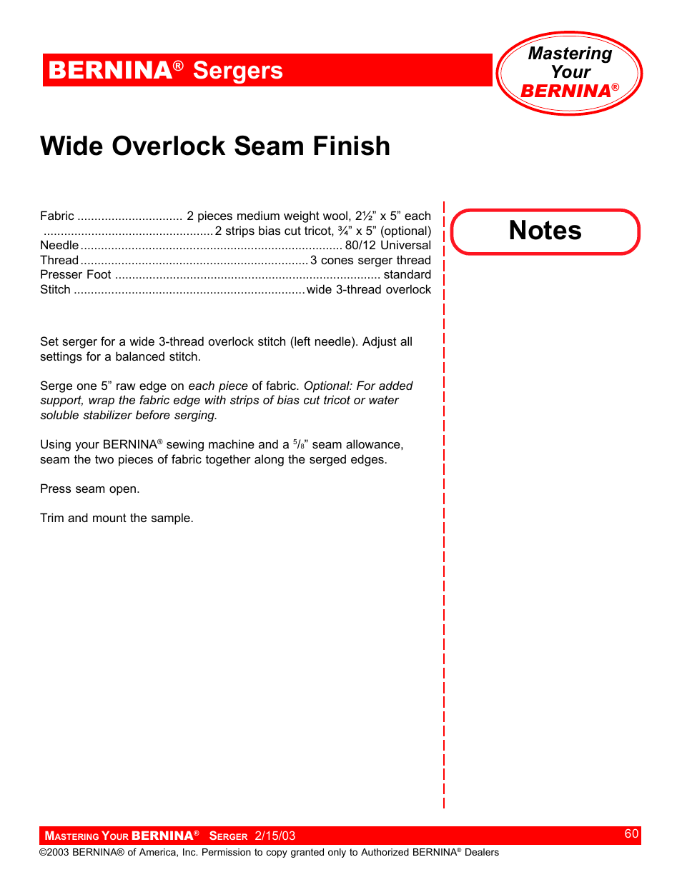 Wide overlock seam finish, Bernina, Sergers | Mastering your bernina | Bernina Sergers User Manual | Page 60 / 134