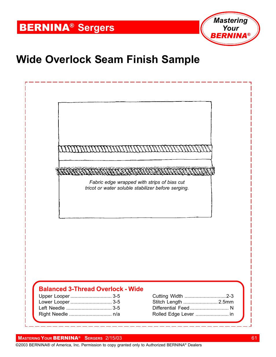 Wide overlock seam finish sample, Bernina, Sergers | Mastering your bernina | Bernina Sergers User Manual | Page 61 / 134