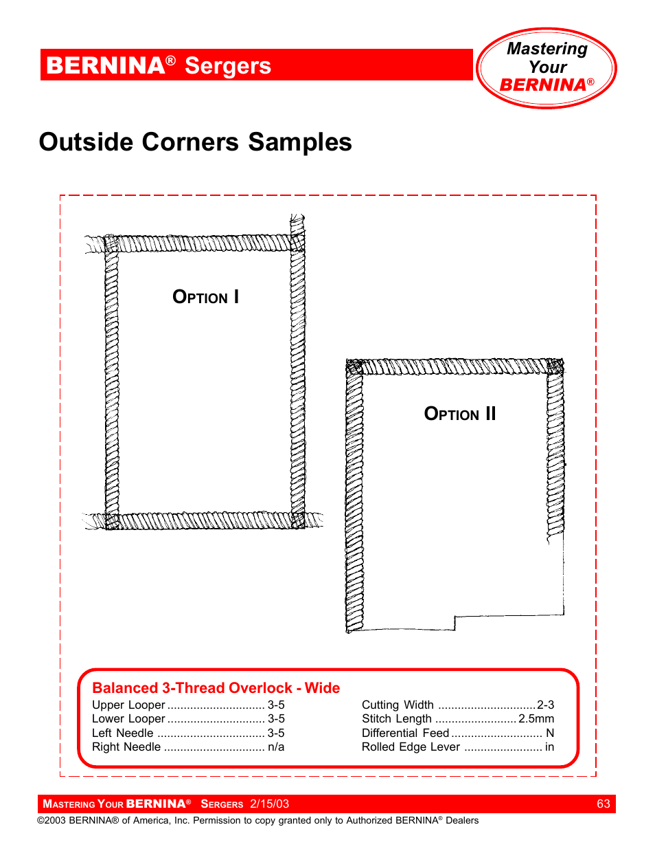 Outside corners samples, Bernina, Sergers | Mastering your bernina | Bernina Sergers User Manual | Page 63 / 134