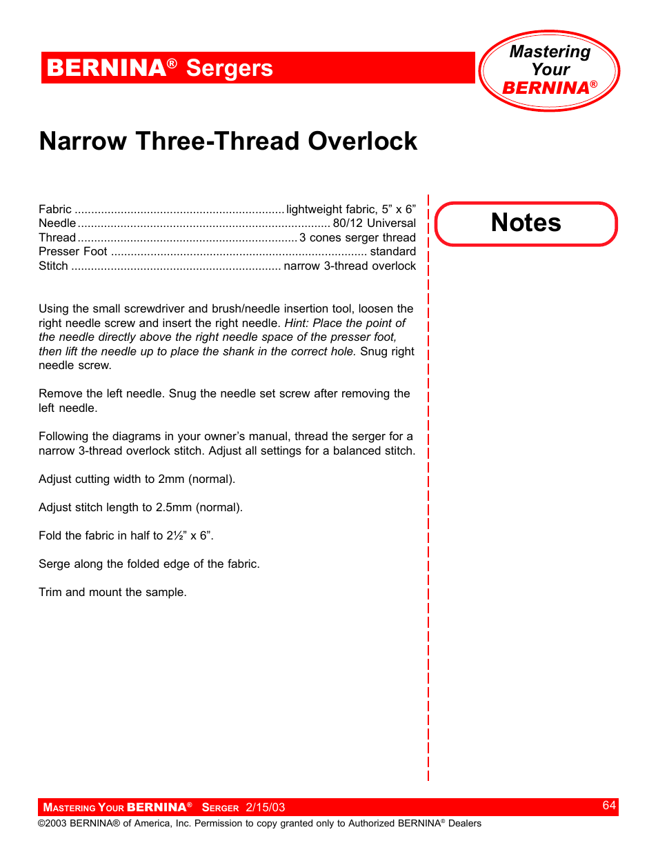 Narrow three-thread overlock, Bernina, Sergers | Mastering your bernina | Bernina Sergers User Manual | Page 64 / 134