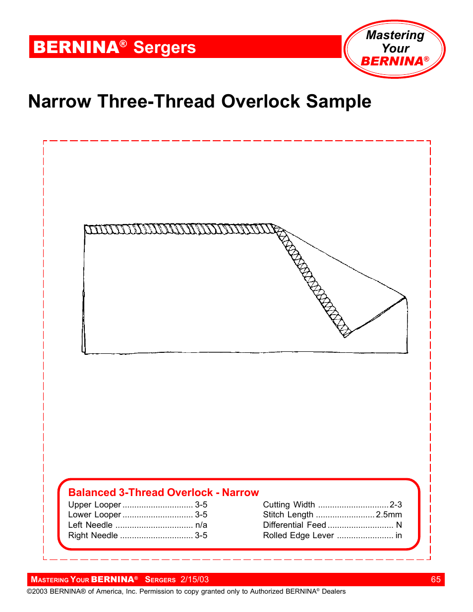 Narrow three-thread overlock sample, Bernina, Sergers | Mastering your bernina | Bernina Sergers User Manual | Page 65 / 134