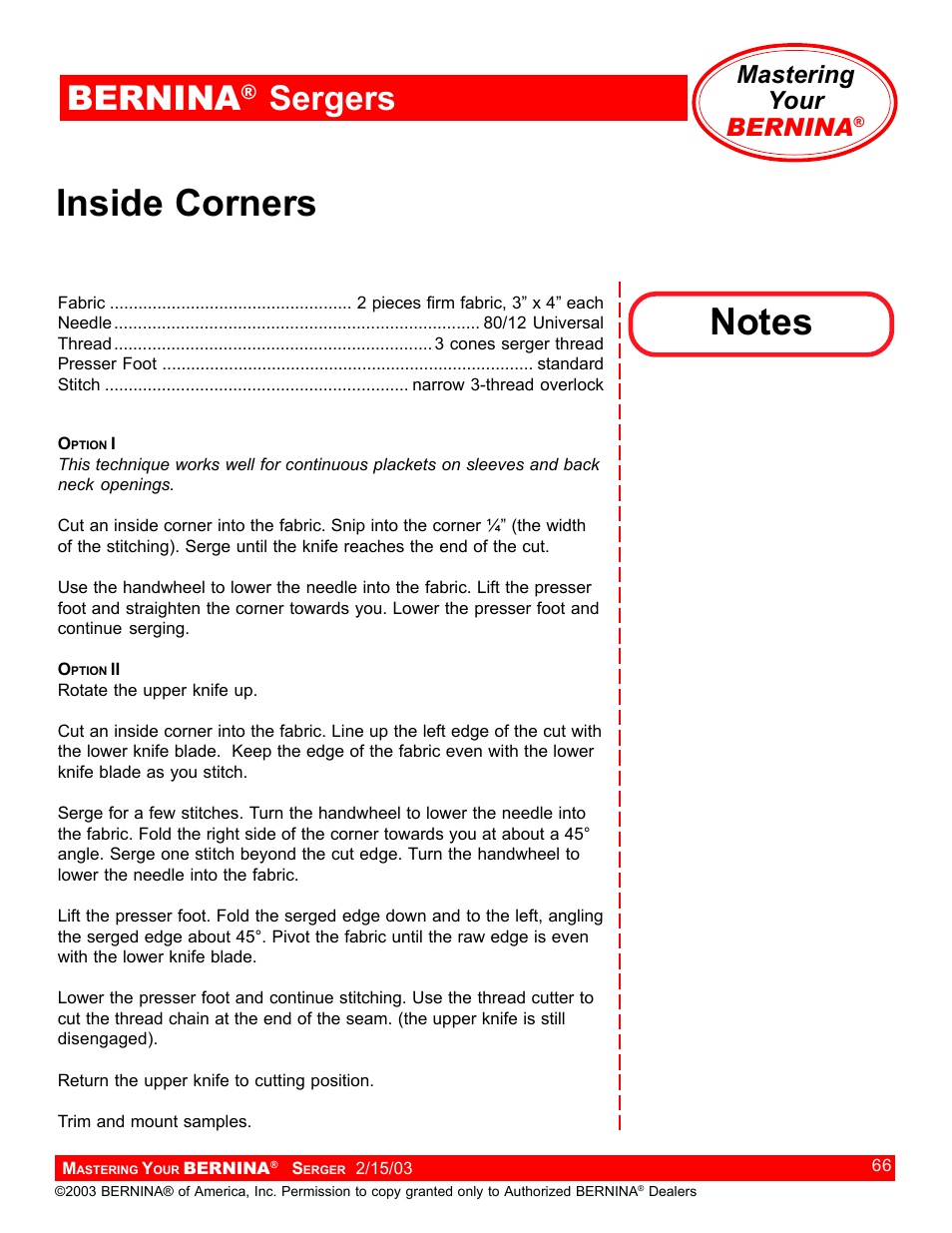 Inside corners, Bernina, Sergers | Mastering your bernina | Bernina Sergers User Manual | Page 66 / 134