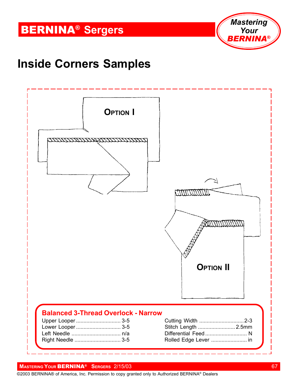 Inside corners samples, Bernina, Sergers | Mastering your bernina | Bernina Sergers User Manual | Page 67 / 134