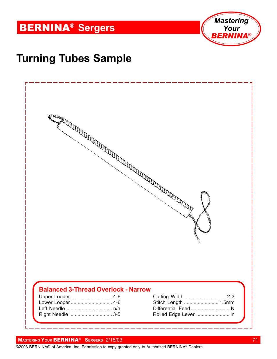 Turning tubes sample, Bernina, Sergers | Mastering your bernina | Bernina Sergers User Manual | Page 71 / 134