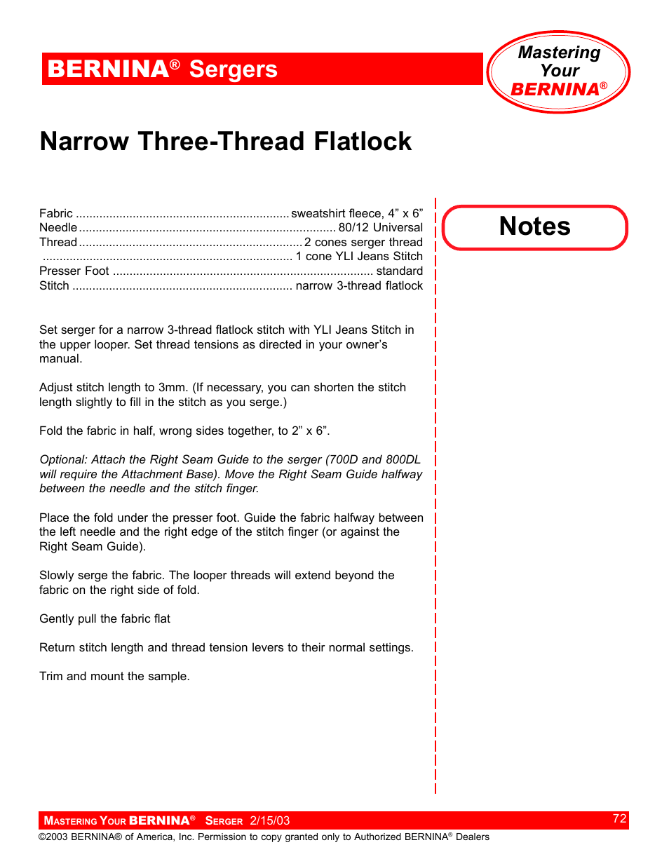 Narrow three-thread flatlock, Bernina, Sergers | Mastering your bernina | Bernina Sergers User Manual | Page 72 / 134