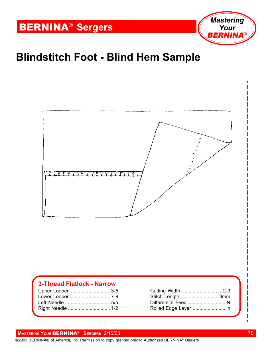 Blindstitch foot - blind hem sample, Bernina, Sergers | Mastering your bernina | Bernina Sergers User Manual | Page 75 / 134