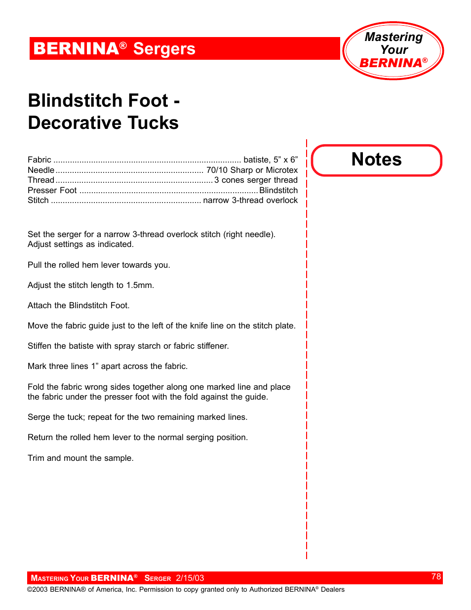 Blindstitch foot - decorative tucks, Bernina, Sergers | Mastering your bernina | Bernina Sergers User Manual | Page 78 / 134