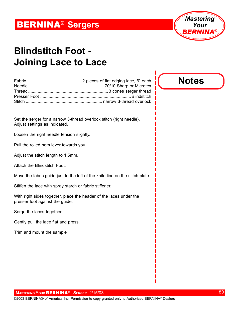 Blindstitch foot - joining lace to lace, Bernina, Sergers | Mastering your bernina | Bernina Sergers User Manual | Page 80 / 134