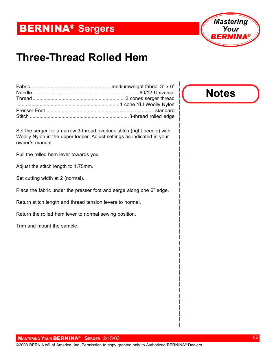 Three-thread rolled hem, Bernina, Sergers | Mastering your bernina | Bernina Sergers User Manual | Page 82 / 134