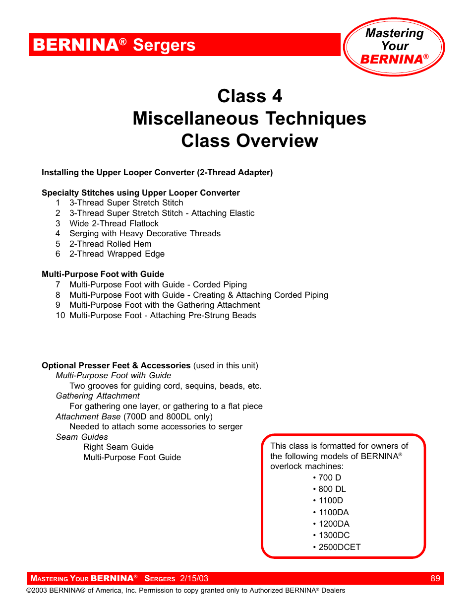 Class 4 miscellaneous techniques class overview, Bernina, Sergers | Mastering your bernina | Bernina Sergers User Manual | Page 89 / 134