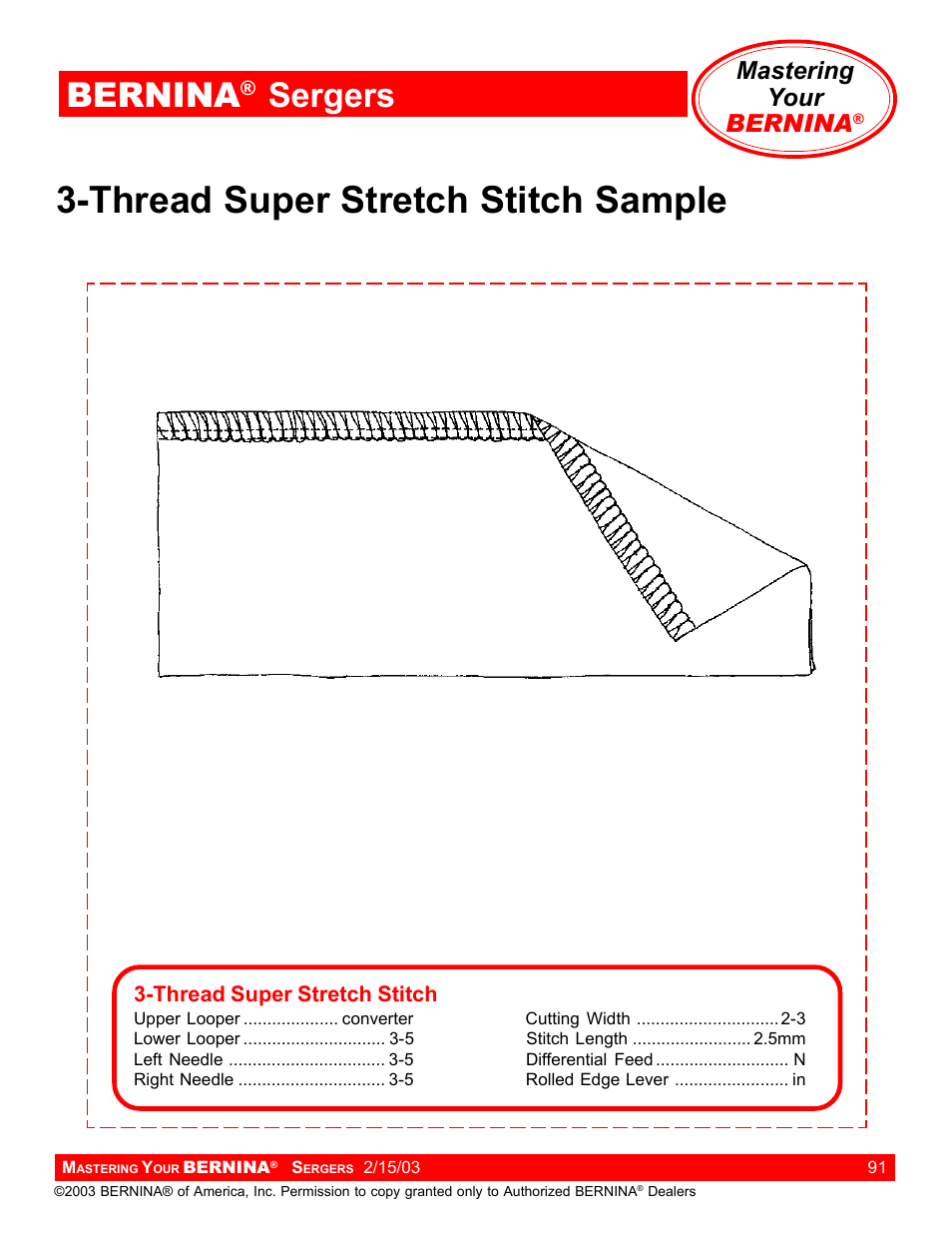 Thread super stretch stitch sample, Bernina, Sergers | Mastering your bernina | Bernina Sergers User Manual | Page 91 / 134