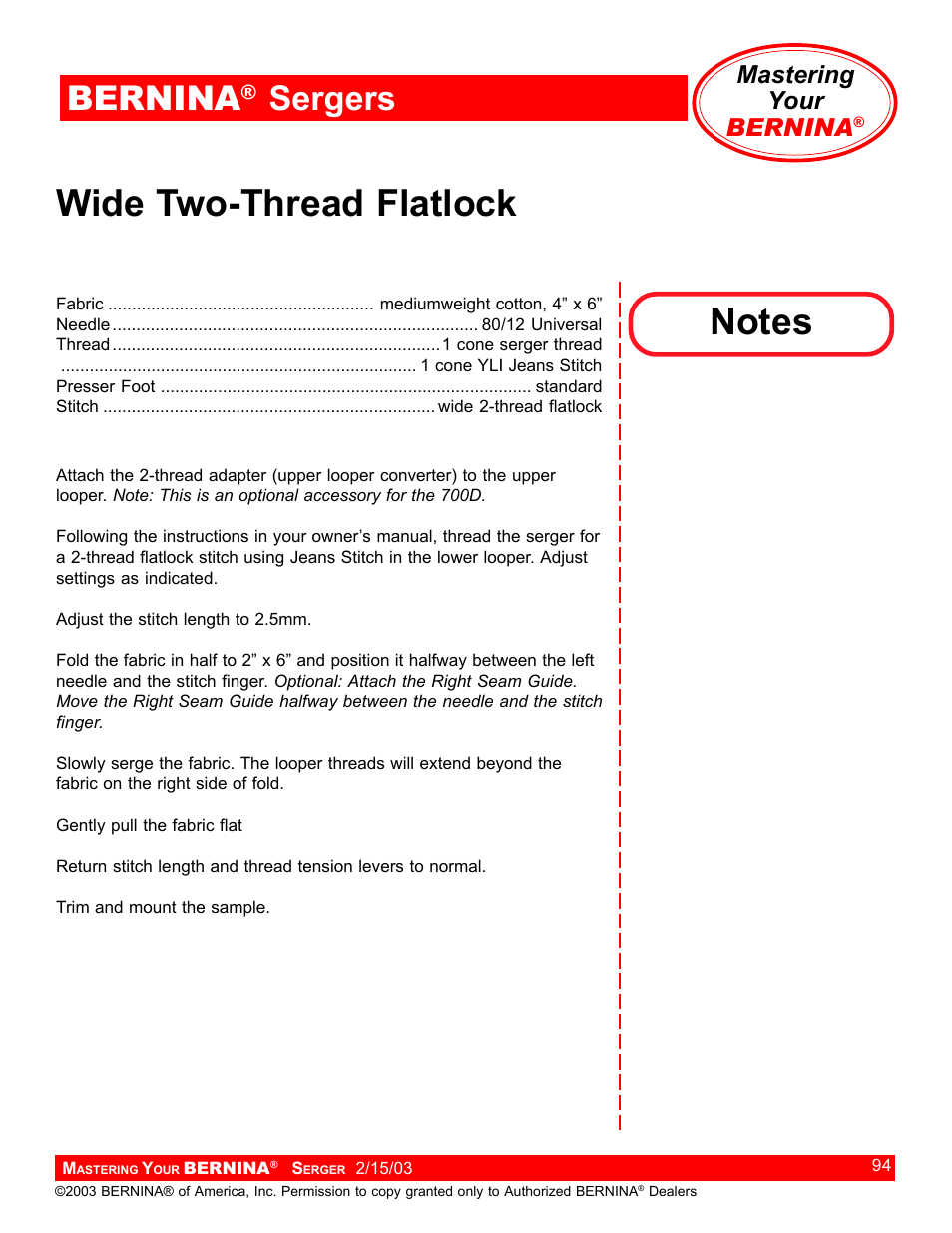 Wide two-thread flatlock, Bernina, Sergers | Mastering your bernina | Bernina Sergers User Manual | Page 94 / 134