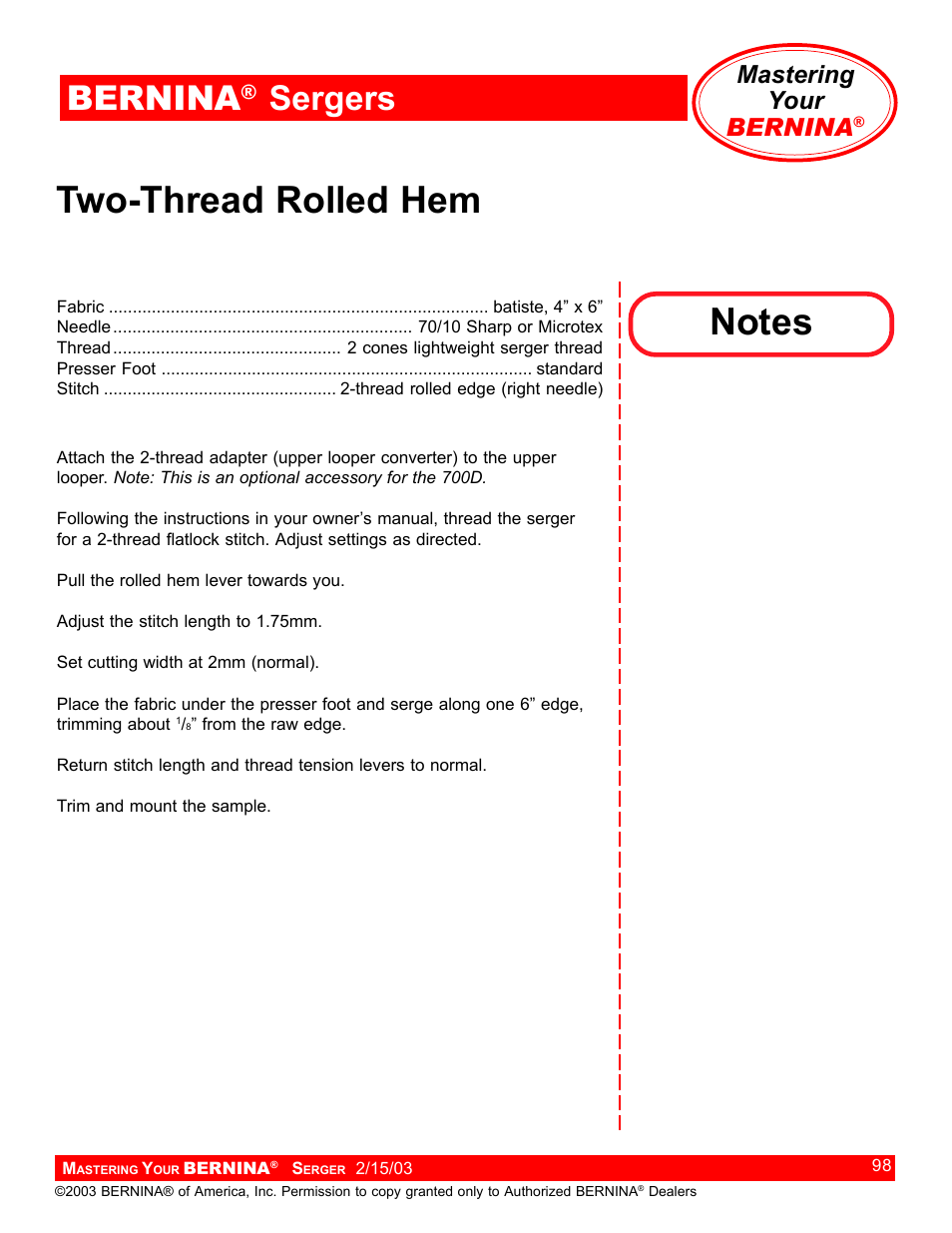 Two-thread rolled hem, Bernina, Sergers | Mastering your bernina | Bernina Sergers User Manual | Page 98 / 134