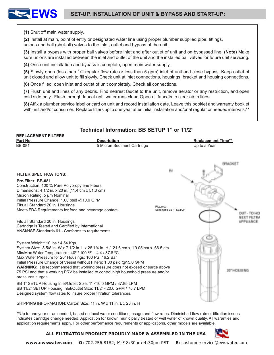 Technical information: bb setup 1” or 11/2, Set-up, installation of unit & bypass and start-up | Environmental Water Systems BB 11/2” User Manual | Page 2 / 2