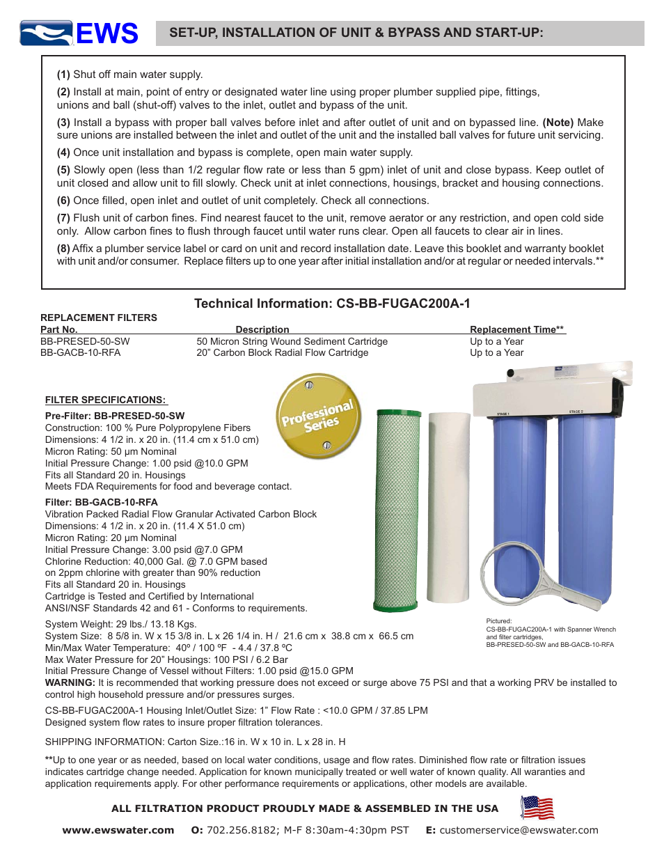 Technical information: cs-bb-fugac200a-1, Set-up, installation of unit & bypass and start-up | Environmental Water Systems CS-BB-FUGAC200A-1 User Manual | Page 2 / 2