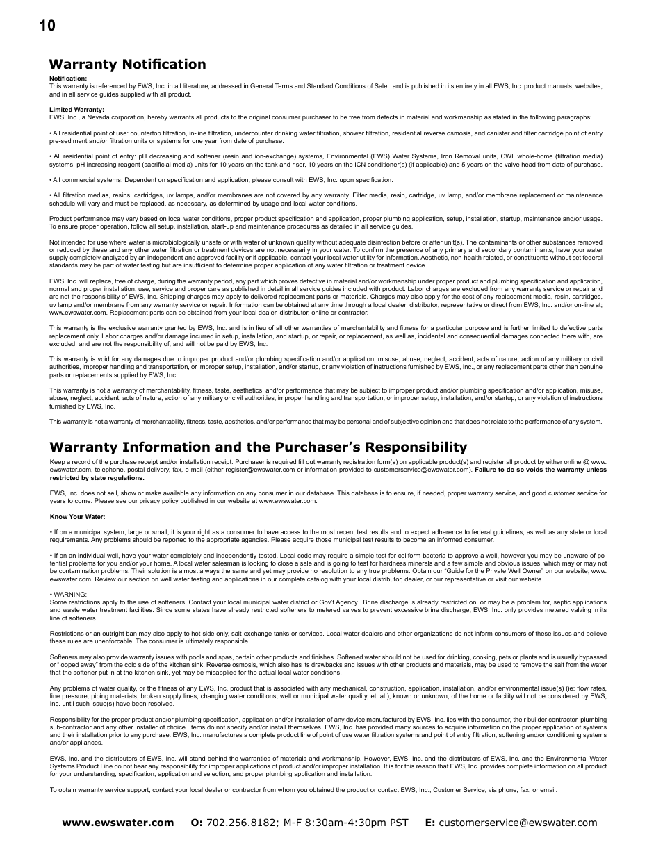 Warranty notification | Environmental Water Systems SS-1.0 User Manual | Page 10 / 12