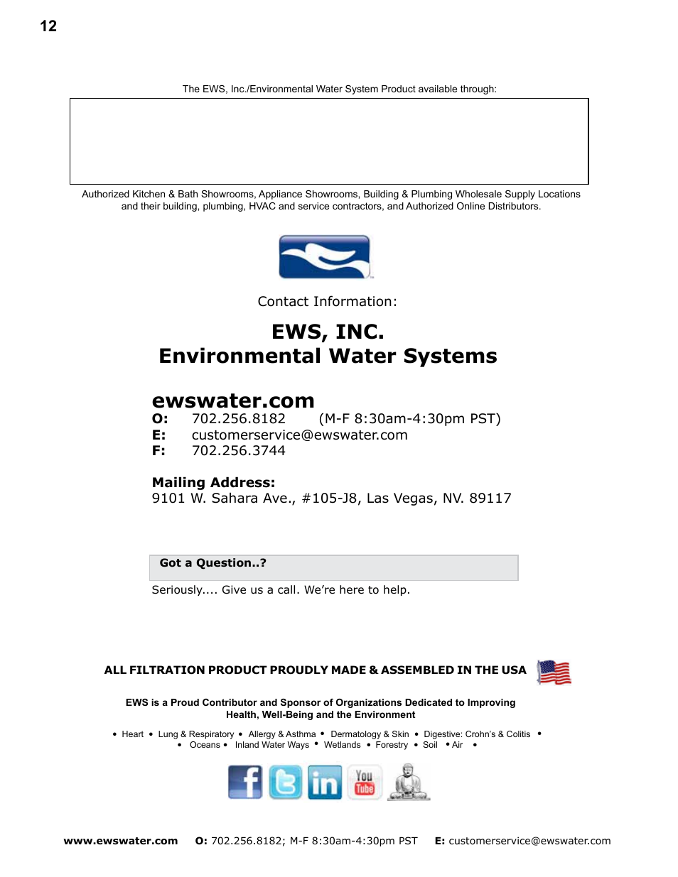 Ews, inc. environmental water systems | Environmental Water Systems SS-1.0 User Manual | Page 12 / 12