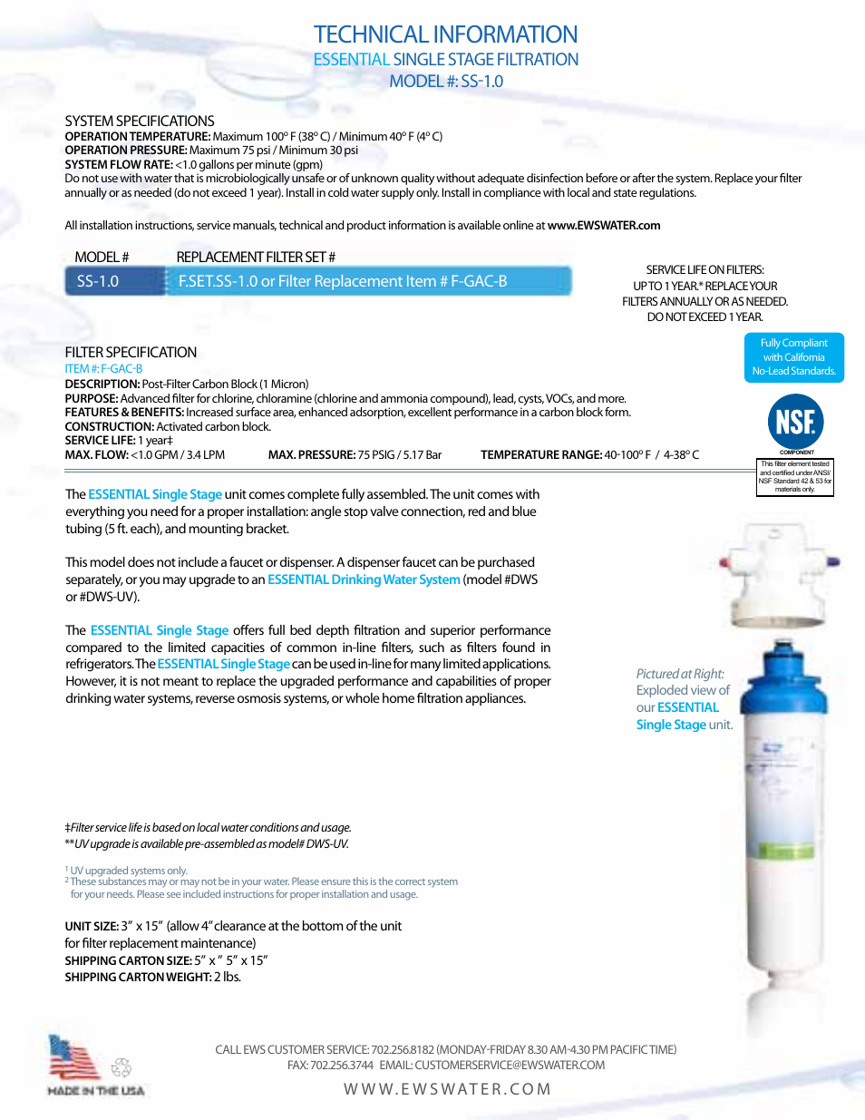 Technical information, Essential single stage filtration model #: ss-1.0, W w w. e w s wat e r . c o m | Environmental Water Systems SS-1.0 User Manual | Page 3 / 12