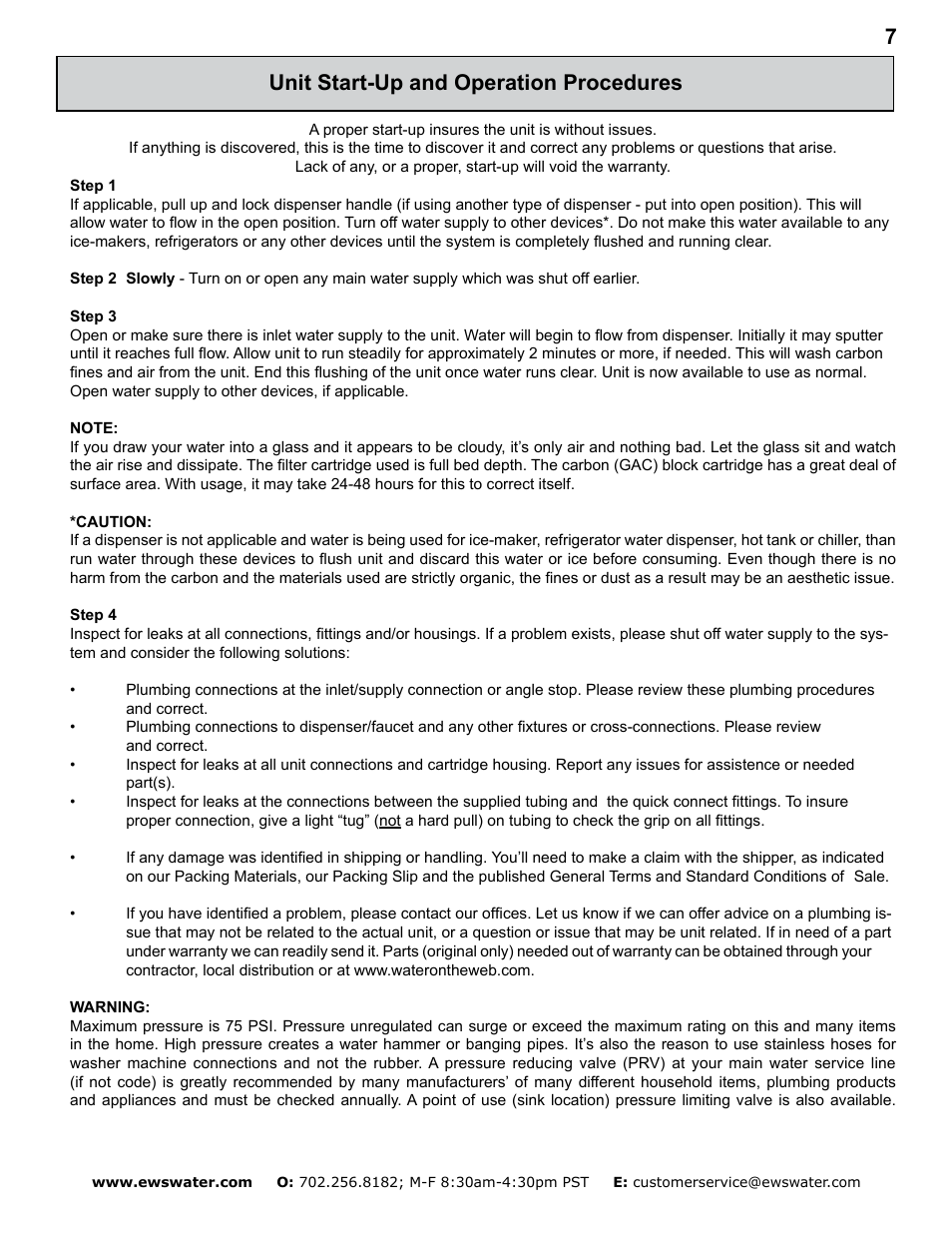Unit start-up and operation procedures | Environmental Water Systems SS-1.0 User Manual | Page 7 / 12