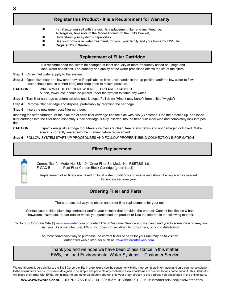 Replacement of filter cartridge | Environmental Water Systems SS-1.0 User Manual | Page 8 / 12