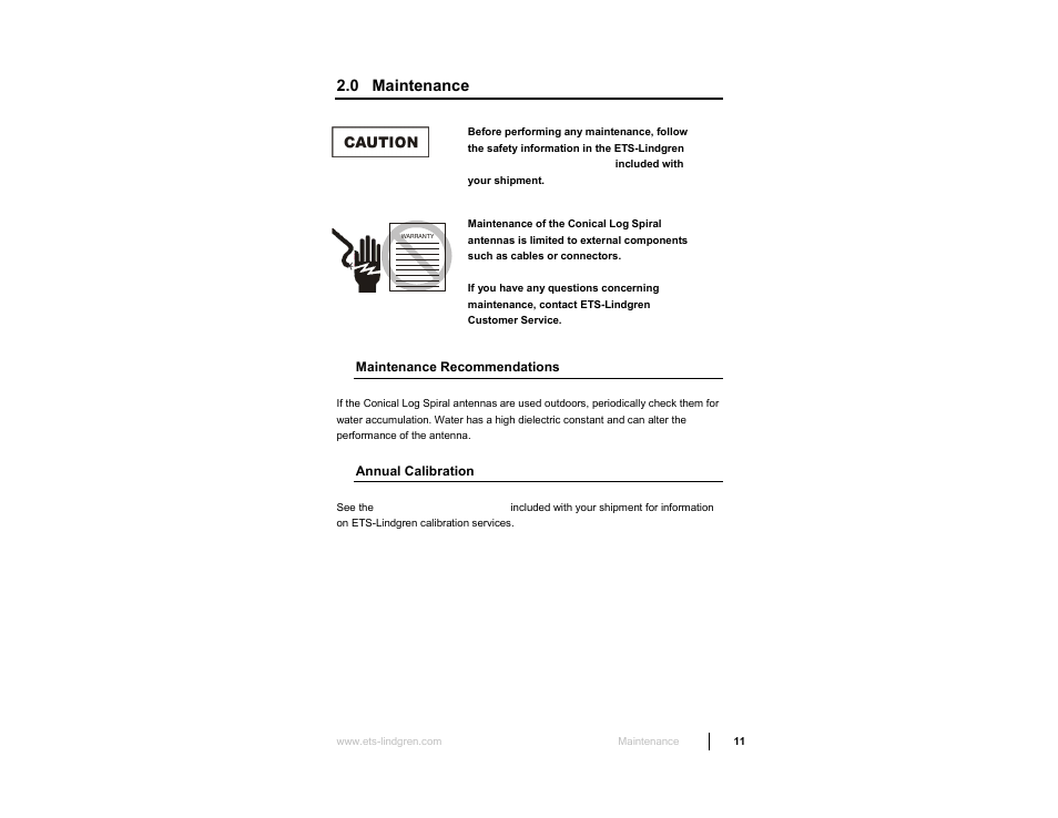 0 maintenance, Maintenance recommendations, Annual calibration | ETS-Lindgren 3103 Conical Log Spiral Antenna User Manual | Page 11 / 29