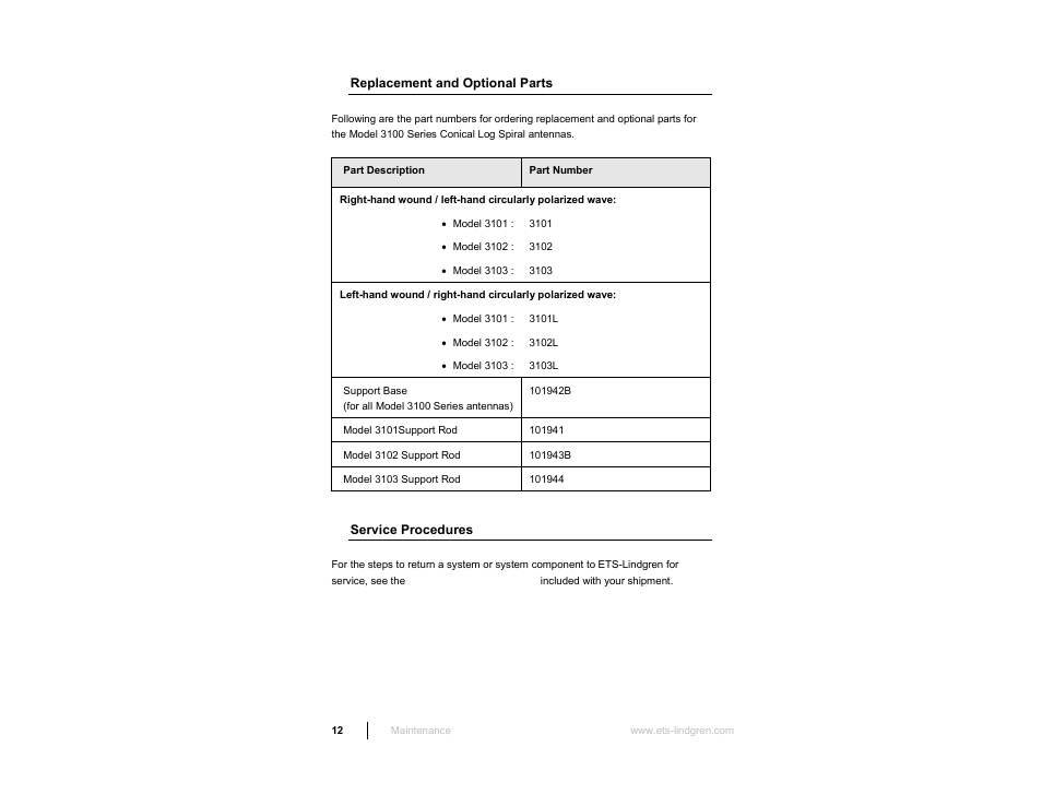 Replacement and optional parts, Service procedures | ETS-Lindgren 3103 Conical Log Spiral Antenna User Manual | Page 12 / 29