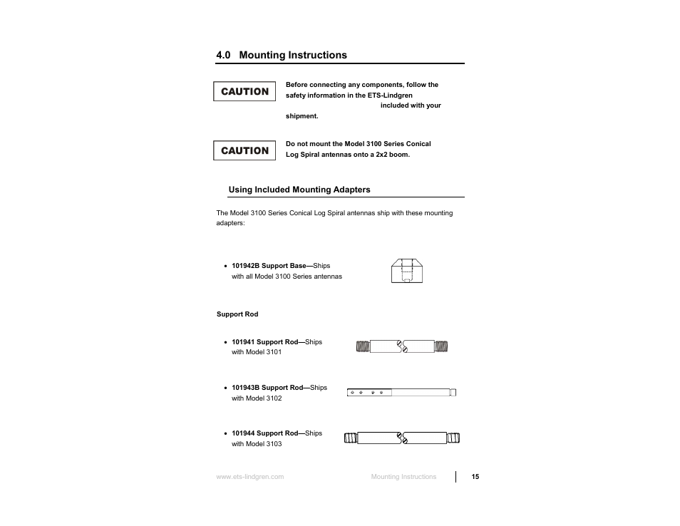 0 mounting instructions, Using included mounting adapters | ETS-Lindgren 3103 Conical Log Spiral Antenna User Manual | Page 15 / 29