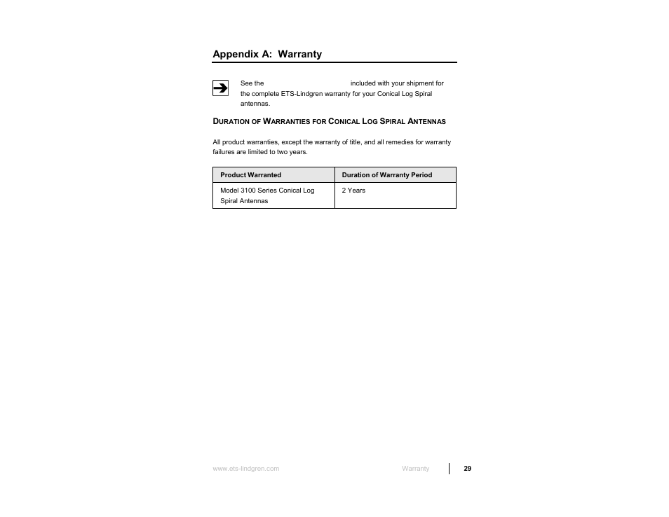 Appendix a: warranty | ETS-Lindgren 3103 Conical Log Spiral Antenna User Manual | Page 29 / 29