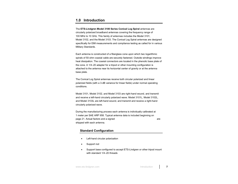 0 introduction, Standard configuration | ETS-Lindgren 3103 Conical Log Spiral Antenna User Manual | Page 7 / 29