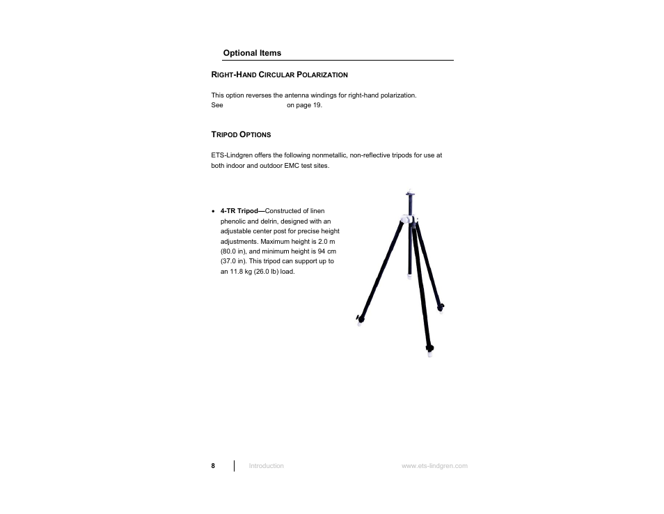 Optional items, Right-hand circular polarization, Tripod options | ETS-Lindgren 3103 Conical Log Spiral Antenna User Manual | Page 8 / 29