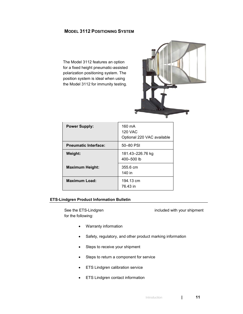 Model 3112 positioning system, Ets-lindgren product information bulletin | ETS-Lindgren 3119 Double-Ridged Waveguide Horn User Manual | Page 11 / 79