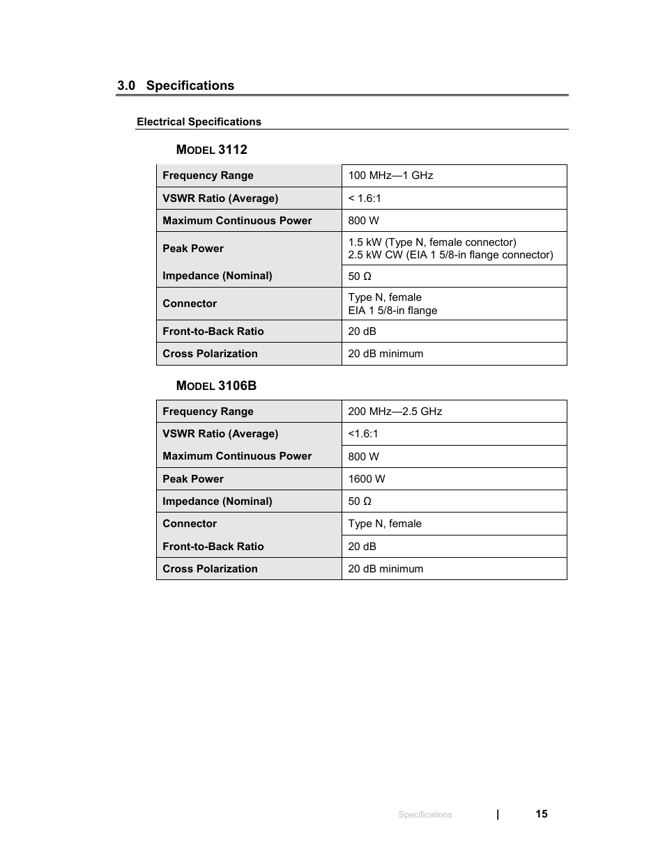 0 specifications, Electrical specifications, Model 3112 | Model 3106b | ETS-Lindgren 3119 Double-Ridged Waveguide Horn User Manual | Page 15 / 79