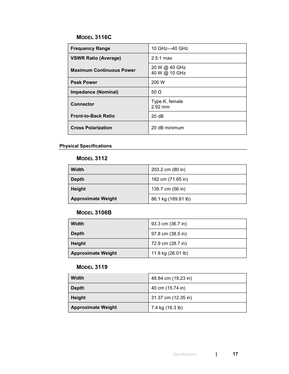 Model 3116c, Physical specifications, Model 3112 | Model 3106b, Model 3119 | ETS-Lindgren 3119 Double-Ridged Waveguide Horn User Manual | Page 17 / 79