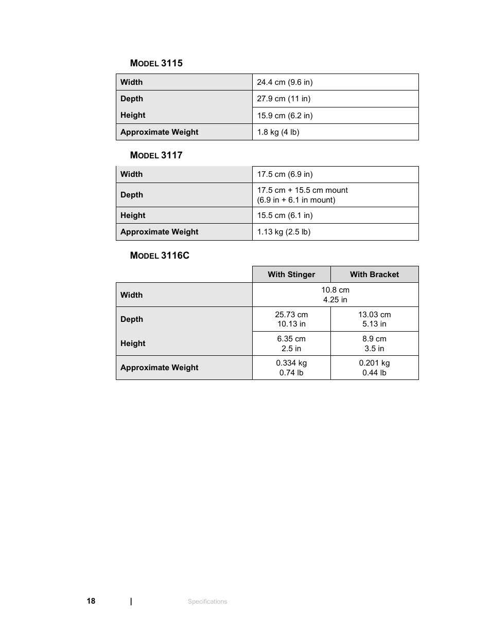 Model 3115, Model 3117, Model 3116c | ETS-Lindgren 3119 Double-Ridged Waveguide Horn User Manual | Page 18 / 79