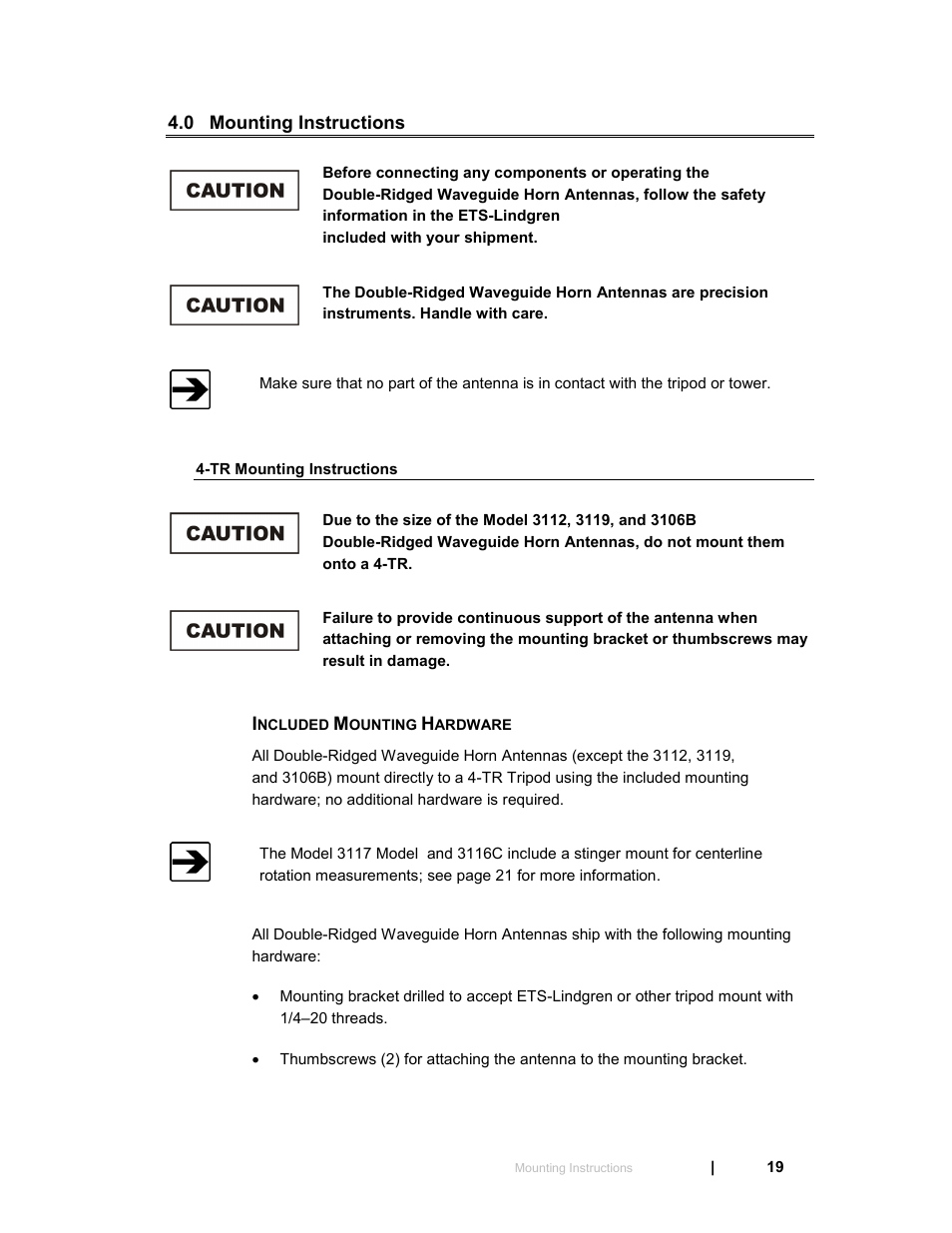0 mounting instructions, Tr mounting instructions, Included mounting hardware | ETS-Lindgren 3119 Double-Ridged Waveguide Horn User Manual | Page 19 / 79