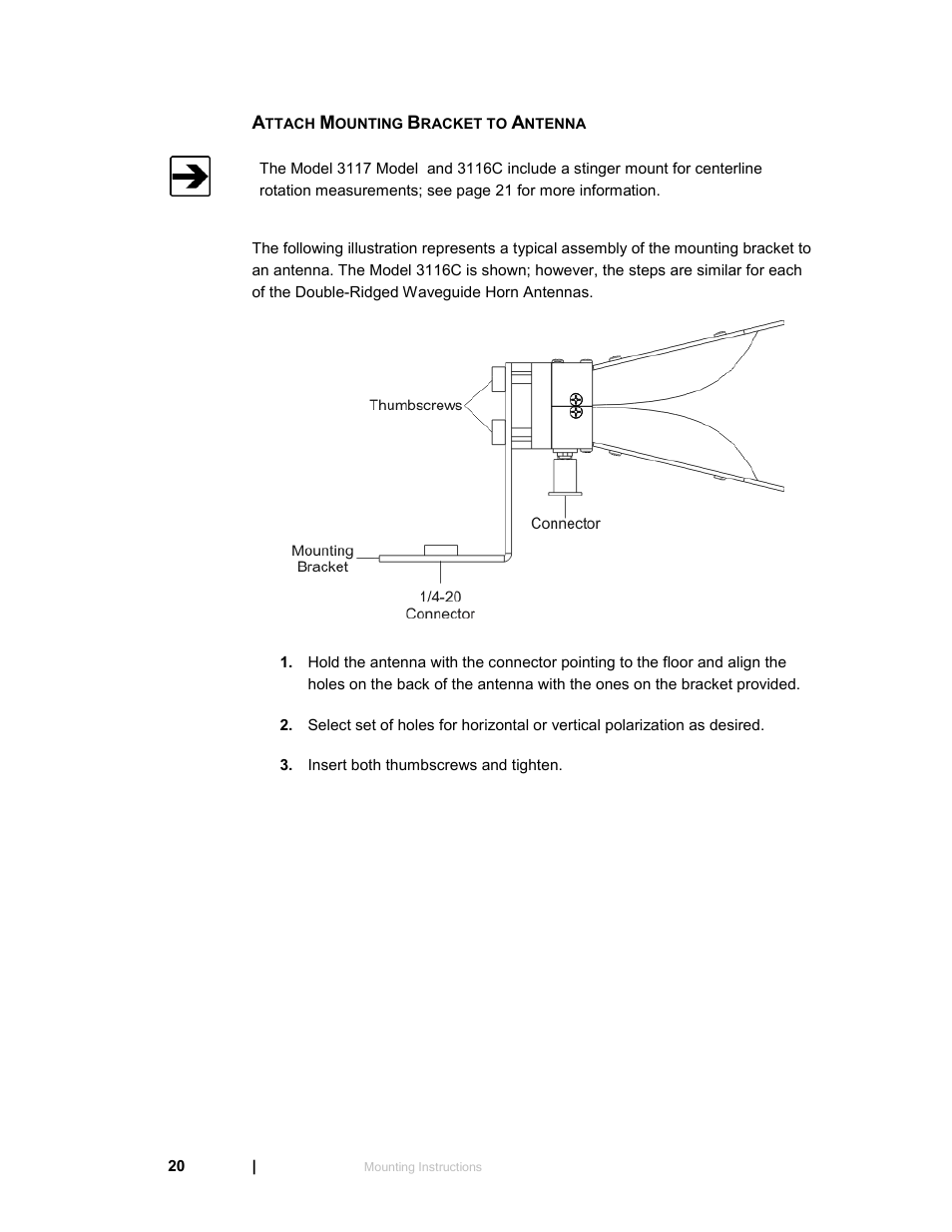 Attach mounting bracket to antenna | ETS-Lindgren 3119 Double-Ridged Waveguide Horn User Manual | Page 20 / 79